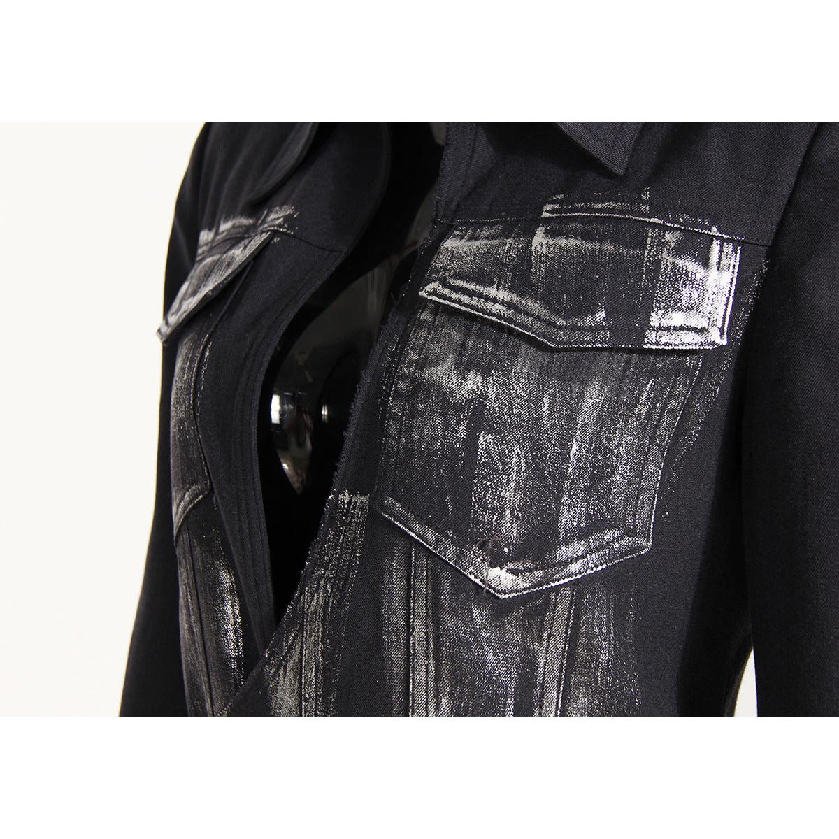 Black Niche Design Trench Coat Women Handmade Metal Silver Brush Color Rock Artist Super Long Blazer - Modestly Vogue