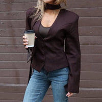 Women Clothing Autumn Elegant Cardigan Button Small Blazers Slim Solid Color Coat