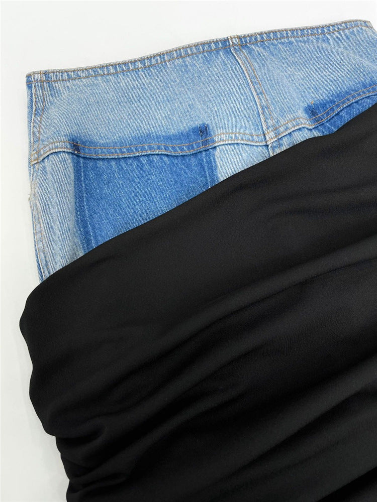 Blue Denim Patchwork Color Block Ruched Zipper Skirt