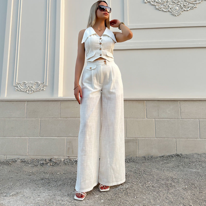 Suit Women Summer Sleeveless Short Vest Top with Loose Solid Color Trousers Suit - Modestly Vogue