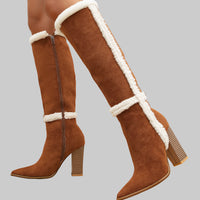 Lamb Fur Snow Boots Women Brown Suede Knight Boots Thick Heel Pointed below the Knee Long Boots High - Modestly Vogue