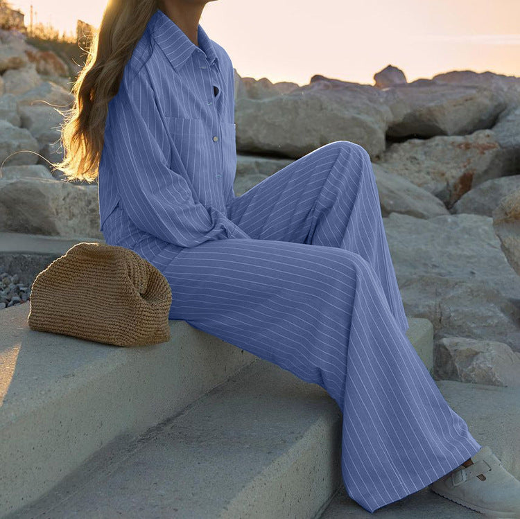 Women Clothing Striped Collared Long Sleeve Short Shirt Loose Wide Leg Pants Two Piece Set - Modestly Vogue