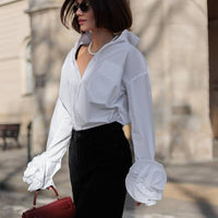 Design Stitching Floral Long Sleeve Women Shirt Cotton Collared Office White Shirt Cardigan Top - Modestly Vogue