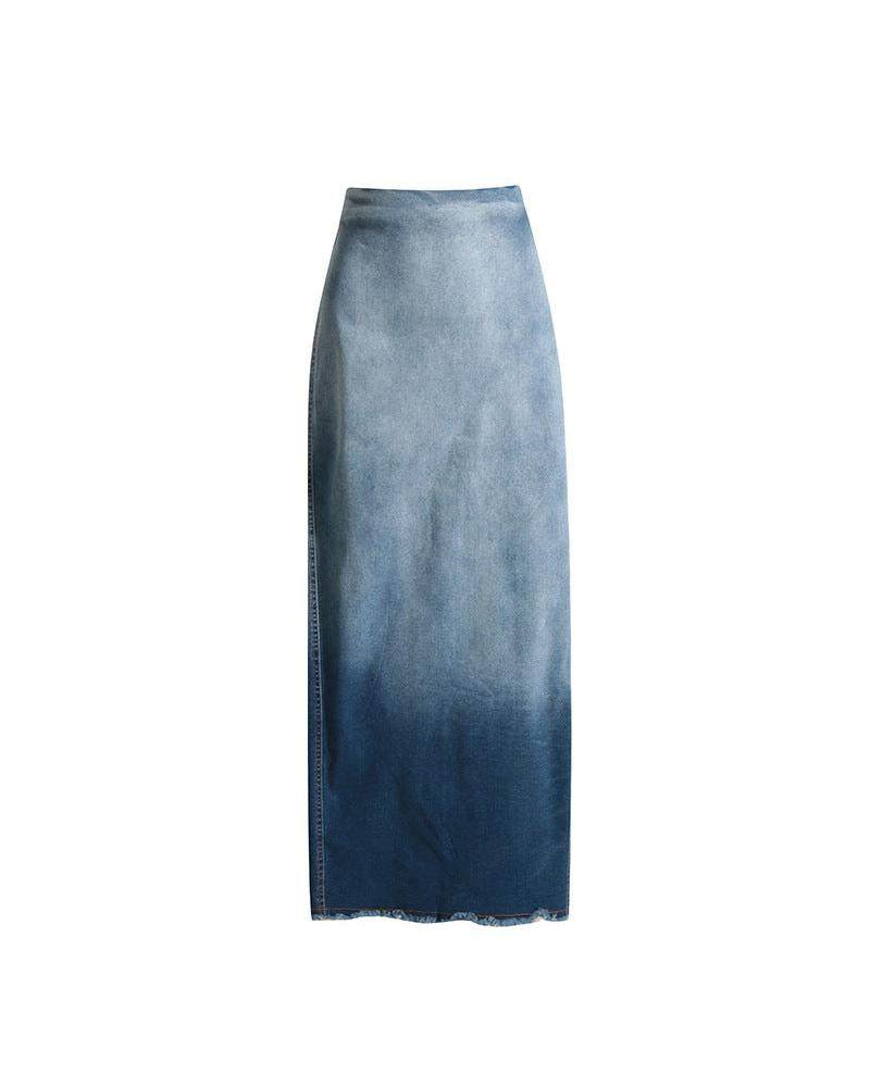Blue Gradient Washed Denim Skirt for Women - Frayed Hem Split Slimming Design
