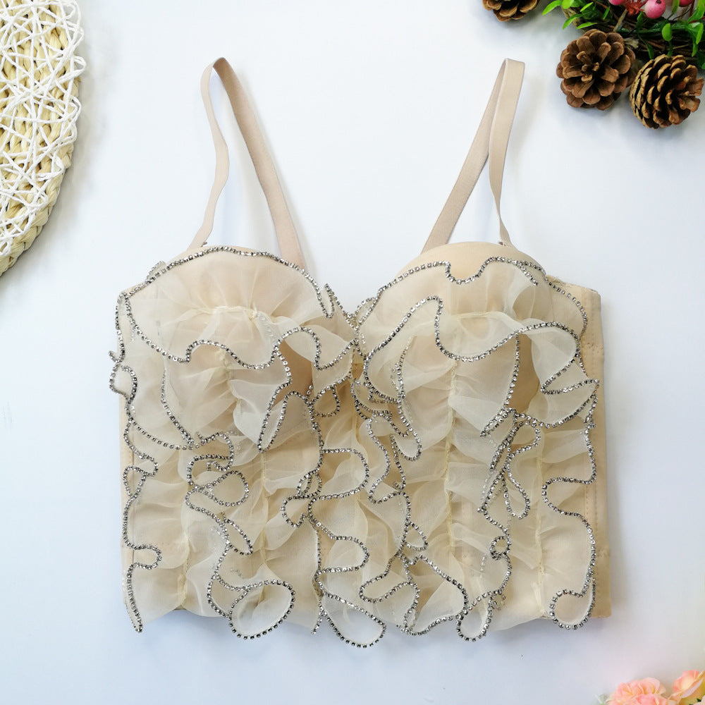 Diamond Embedded Wave Lace Sling with Steel Ring Boning Corset Waist Top Western Ruffle Ruffle Backless Tube Top Organza - Modestly Vogue