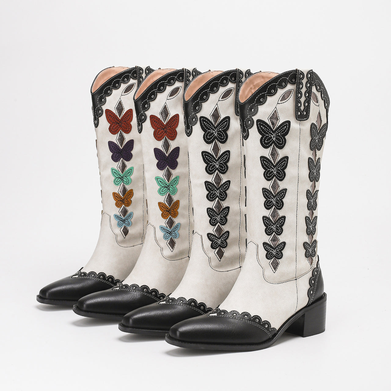 Western Denim Colorful Butterfly Embroidered Chunky Heel Ankle Boots