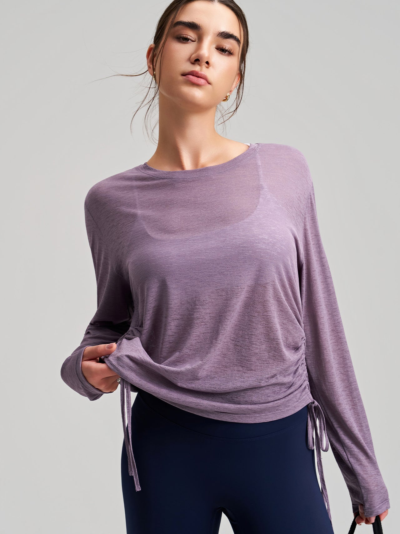 Round Neck Yoga Long Sleeve Drawstring T shirt Loose Breathable Fitness Running Top
