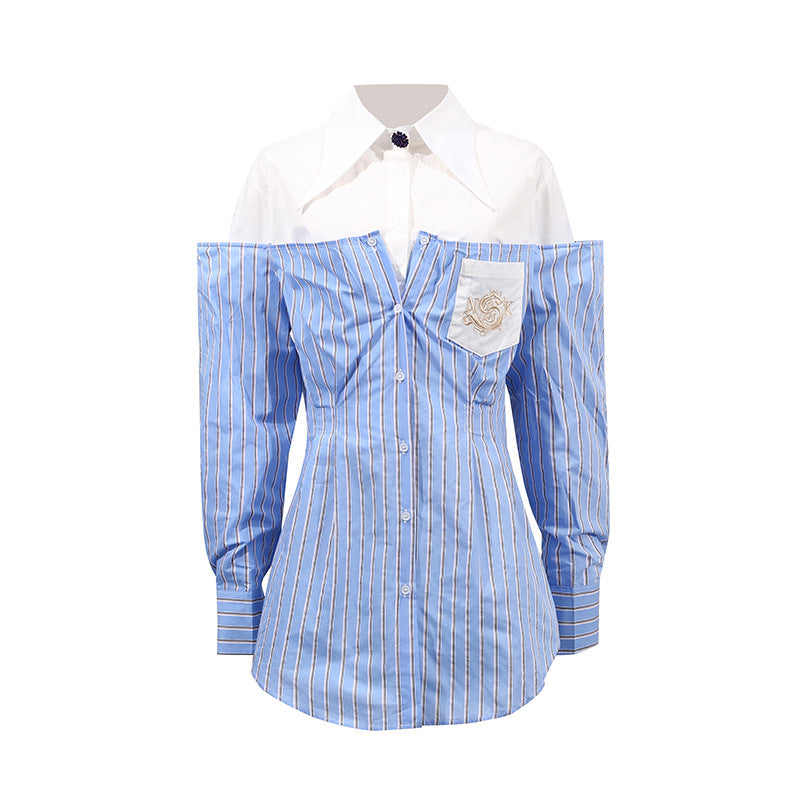Blue Simple Office Top Women Summer Comfort Faux Two Pieces Casual Striped High Grade Women Shirt