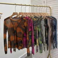 Earthtone Sunset Blooming Stretch Mesh Slim Fit Bottoming Shirt Bandage Top