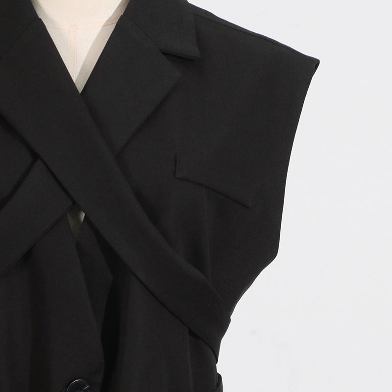 Black Blazer for Women - Simple Spring Autumn Sleeveless Belt Collared Design