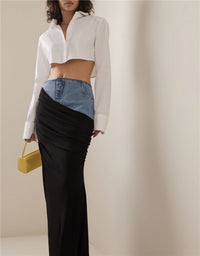 Blue Denim Patchwork Color Block Ruched Zipper Skirt