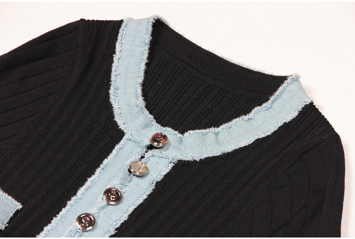 Black Short Sleeve Stitching Denim Simple Elegant Slim Slimming Long Knitted Dress Women