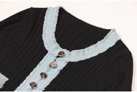 Black Short Sleeve Stitching Denim Simple Elegant Slim Slimming Long Knitted Dress Women