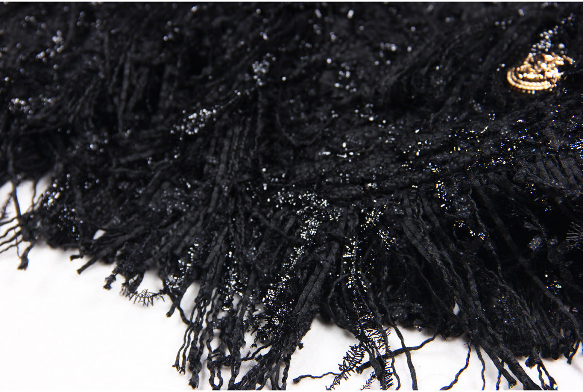 Black Silk Tweed Fringe Pocket Fastener Decoration Cardigan Women Coat Top