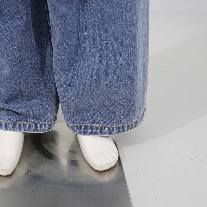 Blue Denim High Waist Ruched Wide Leg Jeans