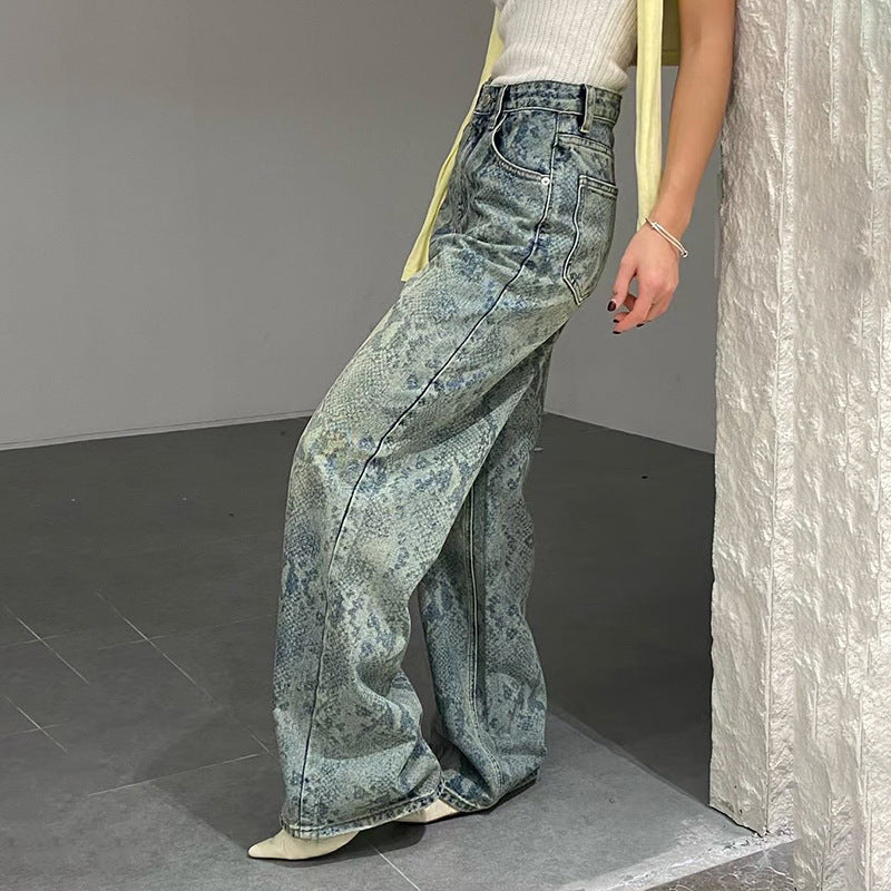 Earthtone Casual Street Snake Print Jeans Women Autumn High Waist Slimming Washed Drooping Straight Pants