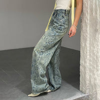 Earthtone Casual Street Snake Print Jeans Women Autumn High Waist Slimming Washed Drooping Straight Pants