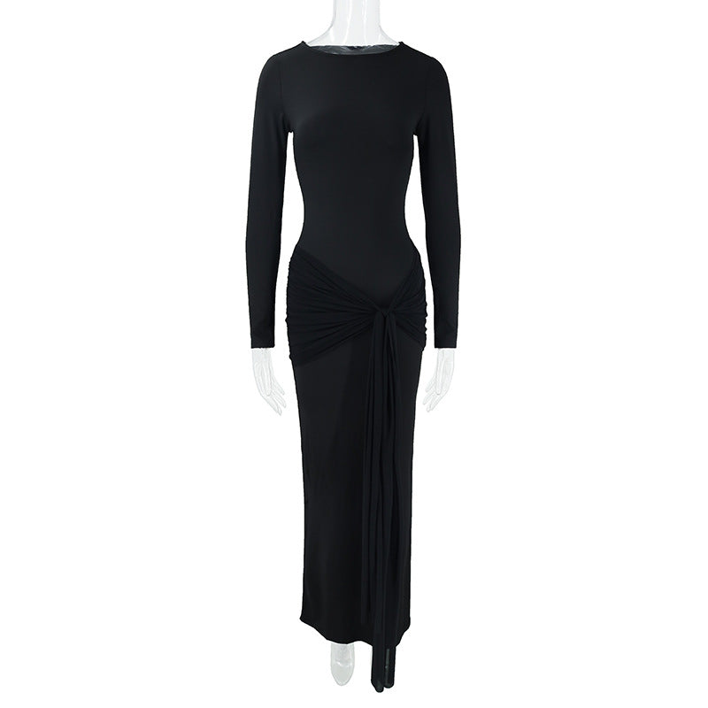 Fall Women Clothing round Neck Long Sleeve Slim Fit Lace up Sheath Solid Color Temperamental Minority Maxi Dress