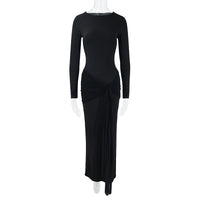 Fall Women Clothing round Neck Long Sleeve Slim Fit Lace up Sheath Solid Color Temperamental Minority Maxi Dress