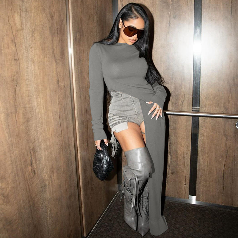 Neutral Winter Women Clothing Personality High Slit round Neck Long Sleeve Sexy Slim Solid Color Top
