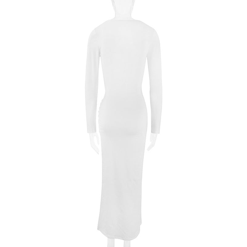 Fall Women Clothing round Neck Long Sleeve Slim Fit Lace up Sheath Solid Color Temperamental Minority Maxi Dress
