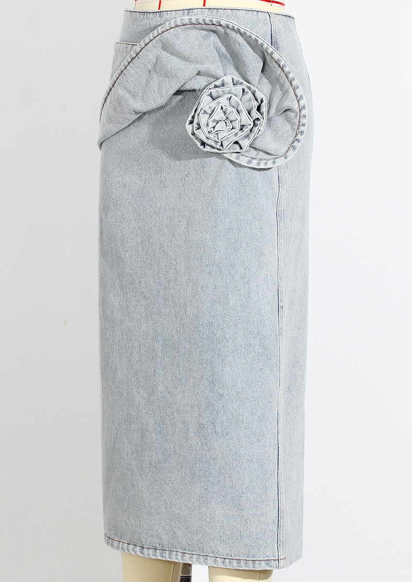 Blue Spring Summer Modern Urban Women Power Sense Three Pleated Rose Washed Denim Pencil Skirt
