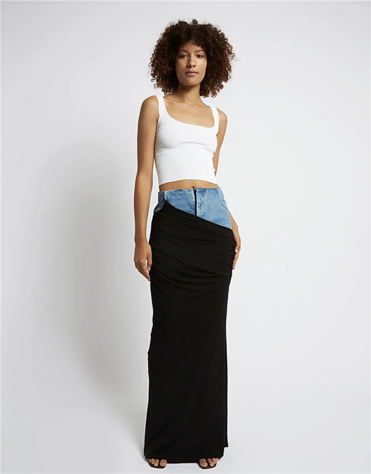 Blue Denim Patchwork Color Block Ruched Zipper Skirt