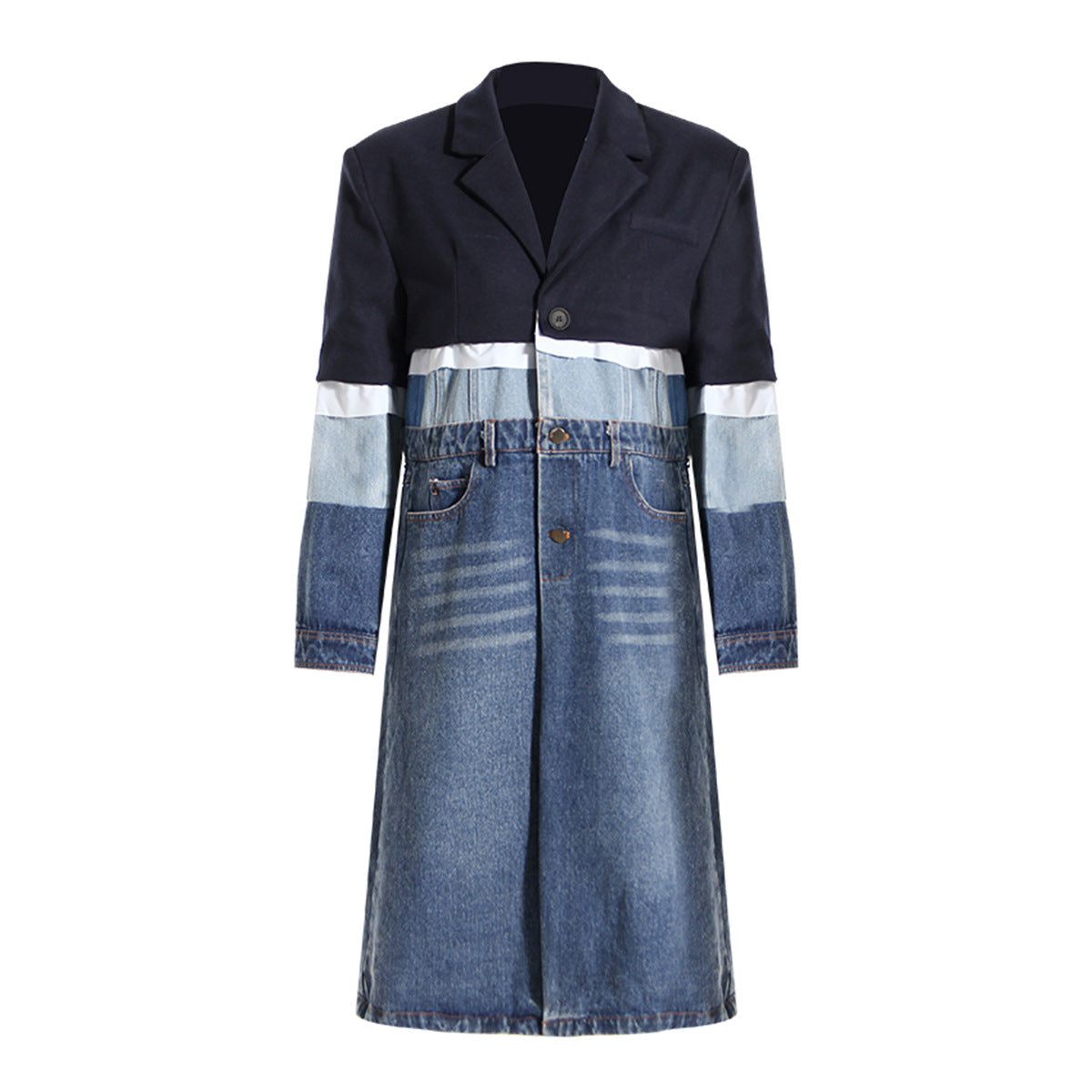 Blue Niche Design Denim Trench Coat for Women Autumn Winter Contrast Color Splicing Coat Women Mid Length Petite Coats Tide