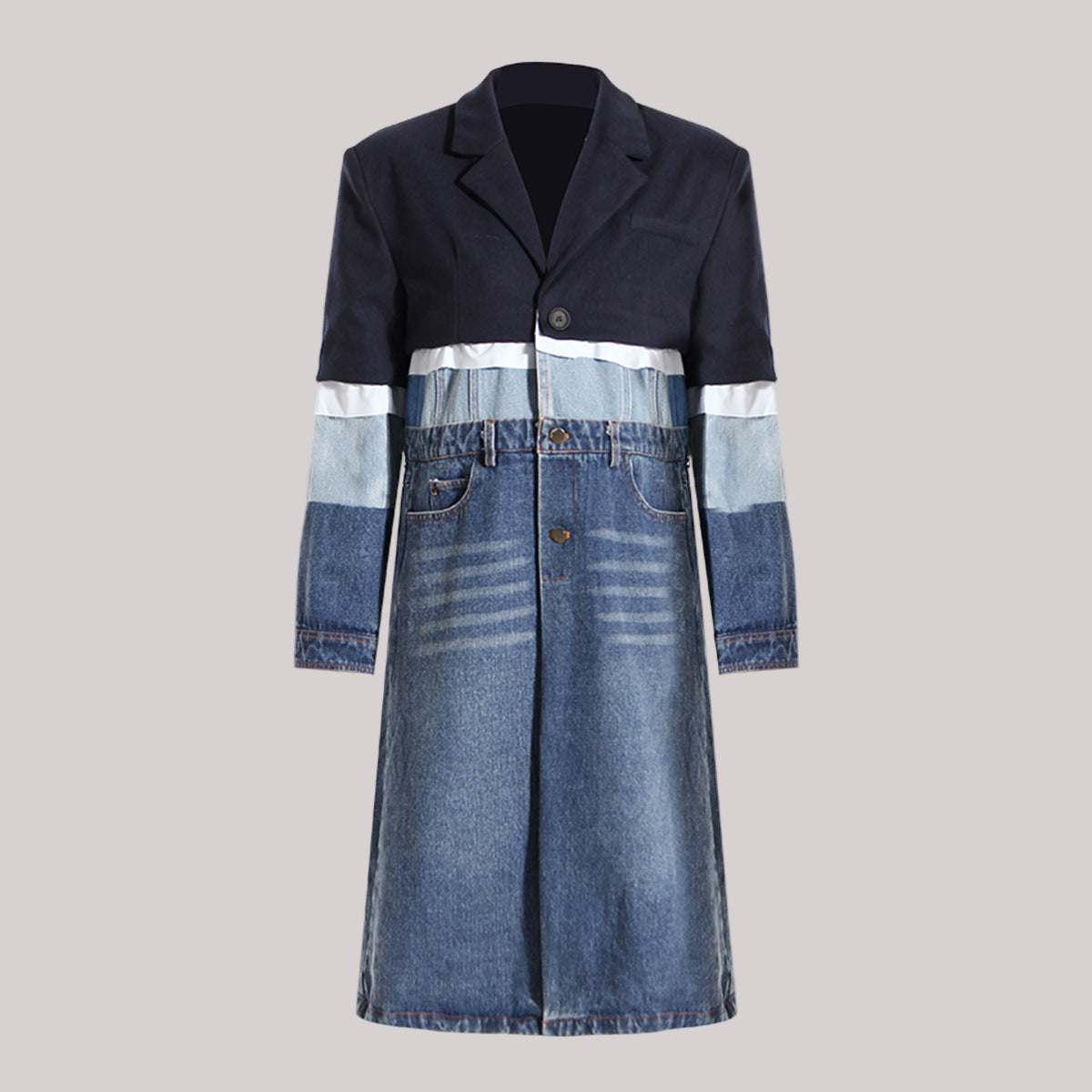 Blue Niche Design Denim Trench Coat for Women Autumn Winter Contrast Color Splicing Coat Women Mid Length Petite Coats Tide - Modestly Vogue