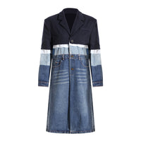 Blue Niche Design Denim Trench Coat for Women Autumn Winter Contrast Color Splicing Coat Women Mid Length Petite Coats Tide