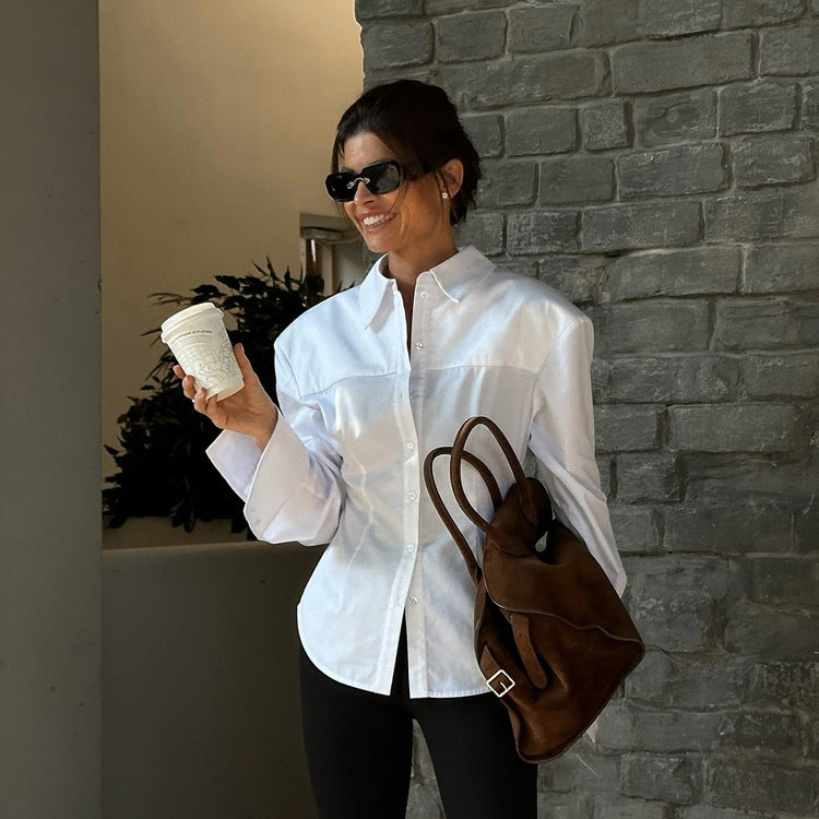 Office White Women Cotton Shirt Spring Summer High Grade Simple All Matching Collared Long Sleeve Cardigan Top - Modestly Vogue