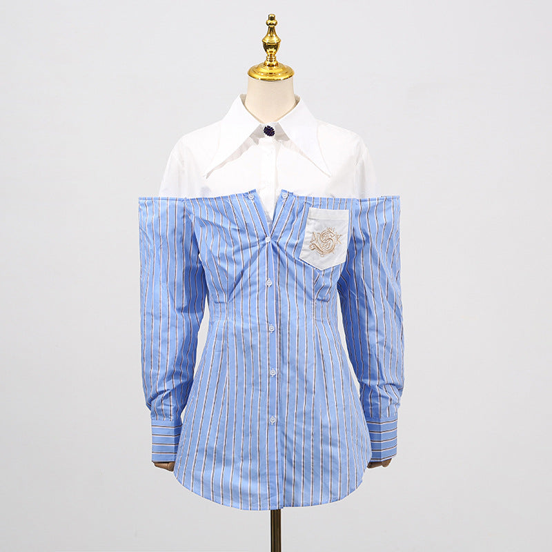 Blue Simple Office Top Women Summer Comfort Faux Two Pieces Casual Striped High Grade Women Shirt