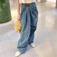 Blue Denim High Waist Ruched Wide Leg Jeans
