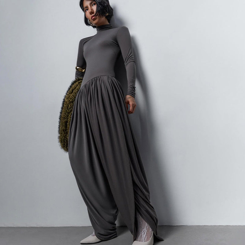 Black Fall Women Clothing Slim Fitting Cool Turtleneck Solid Color Long Sleeve Pleated Jumpsuit