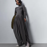 Black Fall Women Clothing Slim Fitting Cool Turtleneck Solid Color Long Sleeve Pleated Jumpsuit