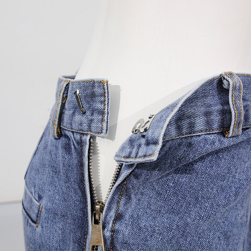 Blue Denim High Waist Ruched Wide Leg Jeans