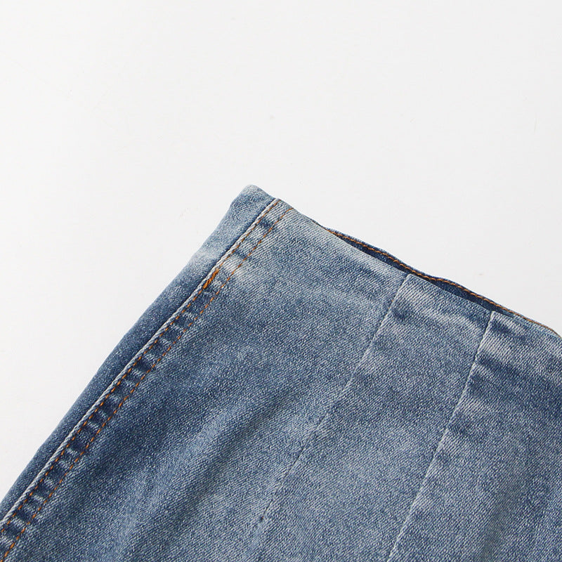 Blue Gradient Washed Denim Skirt for Women - Frayed Hem Split Slimming Design