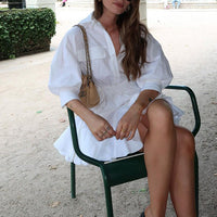 Women Clothing Casual Short A line Dress Cotton Collared 3/4 Sleeve French Shirt Dress - Modestly Vogue
