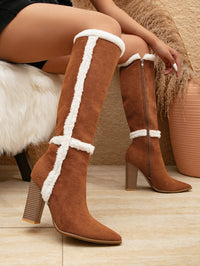 Lamb Fur Snow Boots Women Brown Suede Knight Boots Thick Heel Pointed below the Knee Long Boots High - Modestly Vogue