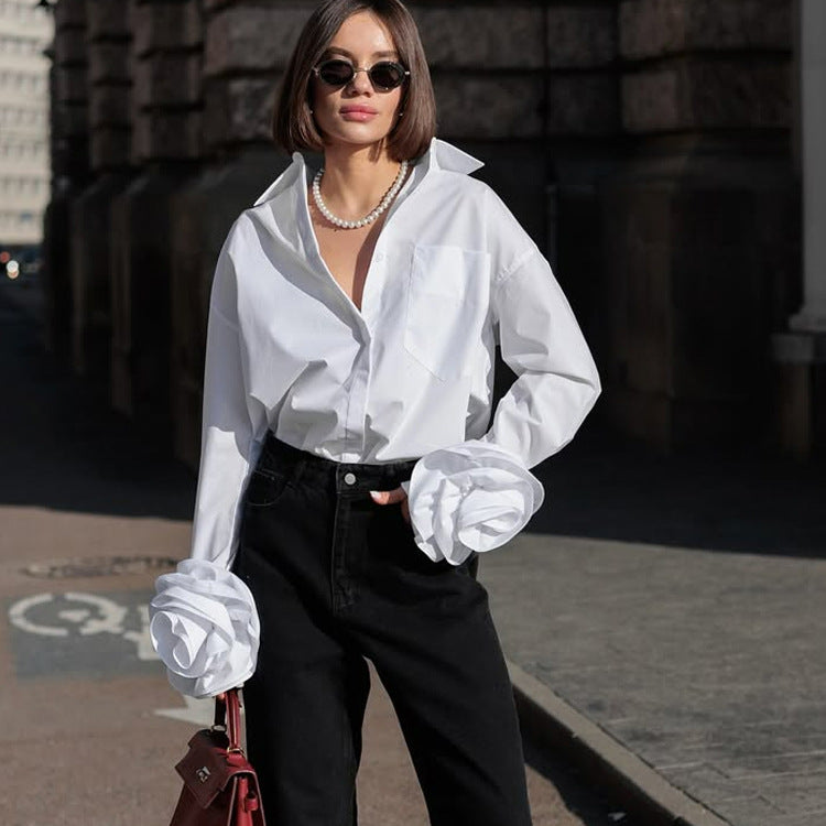 Design Stitching Floral Long Sleeve Women Shirt Cotton Collared Office White Shirt Cardigan Top - Modestly Vogue