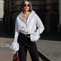 Design Stitching Floral Long Sleeve Women Shirt Cotton Collared Office White Shirt Cardigan Top - Modestly Vogue