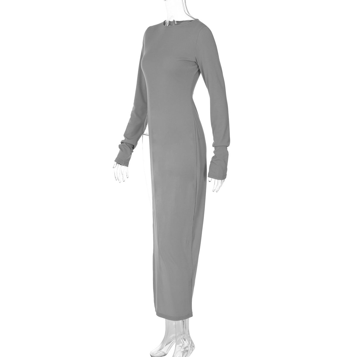 Neutral Winter Women Clothing Personality High Slit round Neck Long Sleeve Sexy Slim Solid Color Top