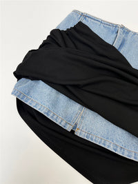 Blue Denim Patchwork Color Block Ruched Zipper Skirt