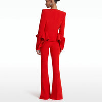 Deep Designer Lotus Leaf Swing Slim Top Jacket Bootcut Pants Two Piece Set