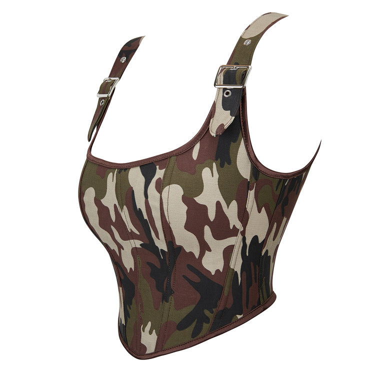 Earthtone Camouflage Adjustable Shoulder Strap Women Tube Top Push up Top