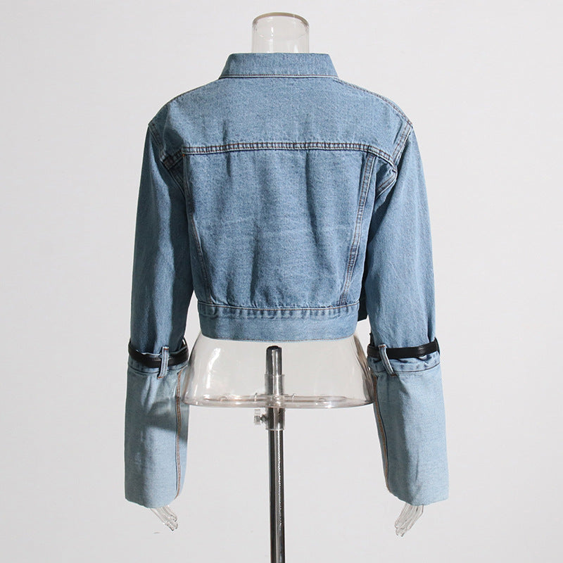 Blue Denim Belt Design Denim Jacket for Women - Collared Korean Patchwork Top