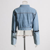 Blue Denim Belt Design Denim Jacket for Women - Collared Korean Patchwork Top
