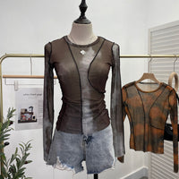 Earthtone Sunset Blooming Stretch Mesh Slim Fit Bottoming Shirt Bandage Top