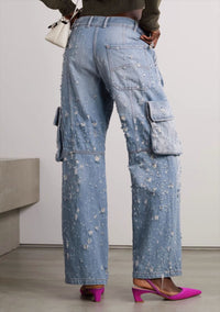 Blue Niche Design Jeans High Waist Loose Hole Trousers