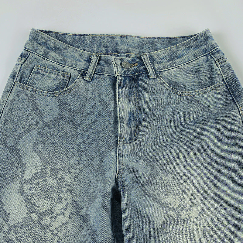 Earthtone Casual Street Snake Print Jeans Women Autumn High Waist Slimming Washed Drooping Straight Pants